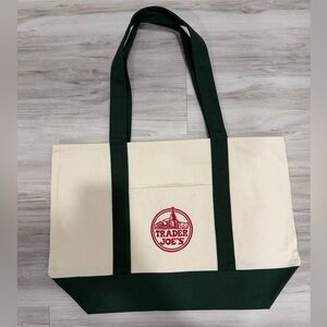 Trader Joe's Large Classic Canvas Tote Bag Green/White